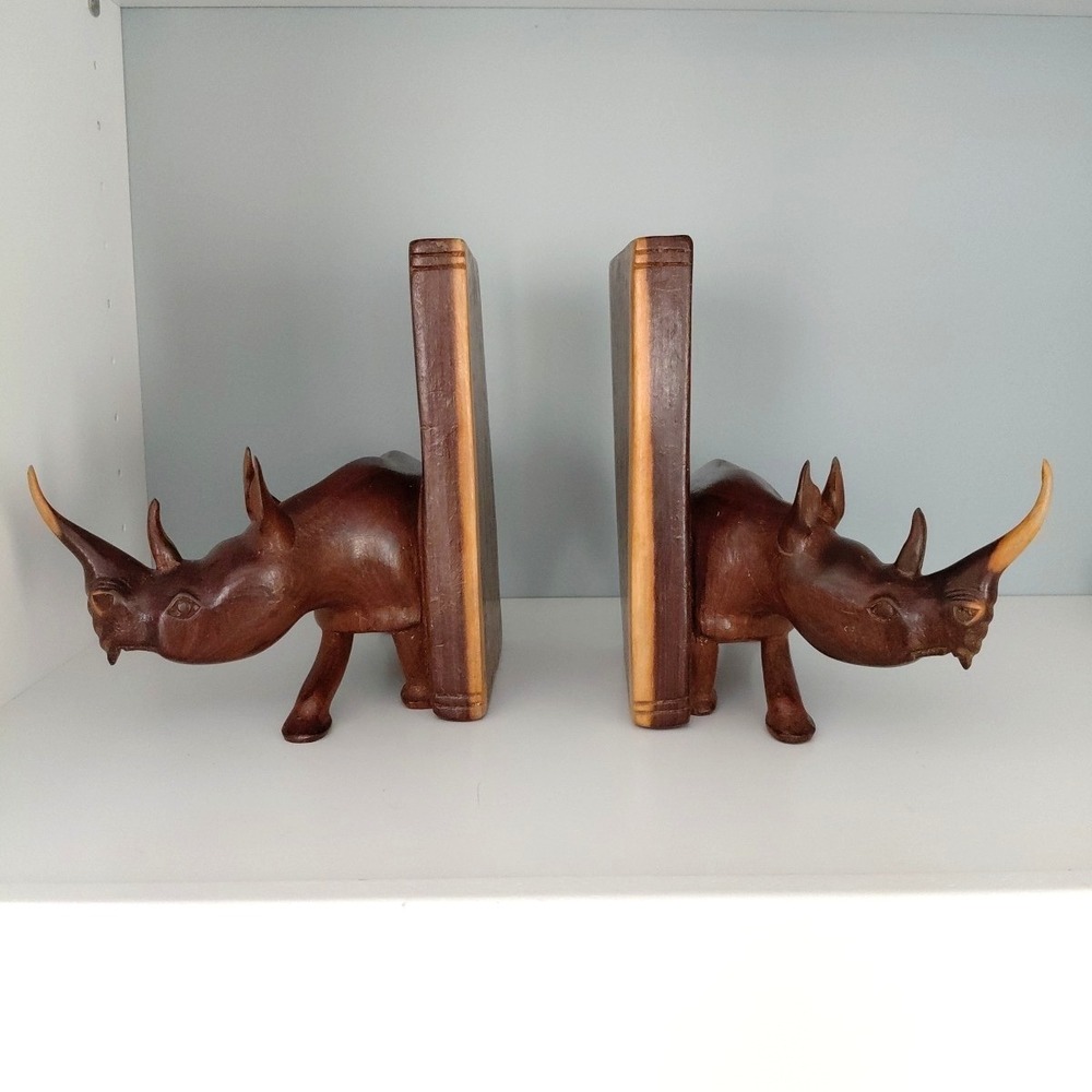 Vintage Hand Carved Natural Wood African RHINO Bookends Heavy Artist Detailed - Picture 1 of 16